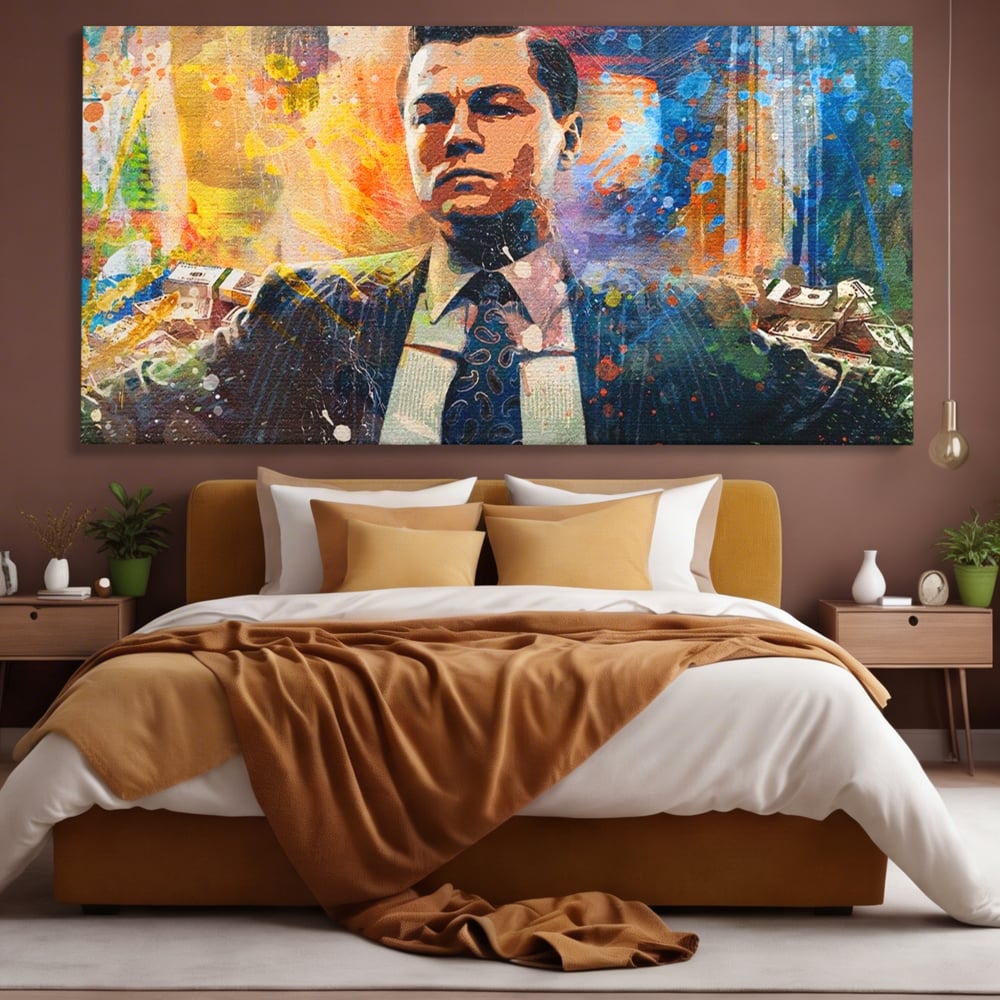 Tablou canvas cu tablou canvas cu leonardo dicaprio si bani, fara rama, pe sasiu de lemn, pe perete intr-un dormitor